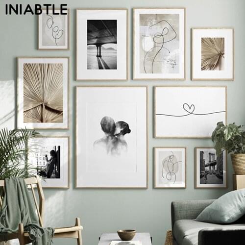 Nordic Banana Leaf Plant Kiss Line Poster Print Abstract Vintage Canvas Painting Landscape Wall Art Pictures For Room Home Decor