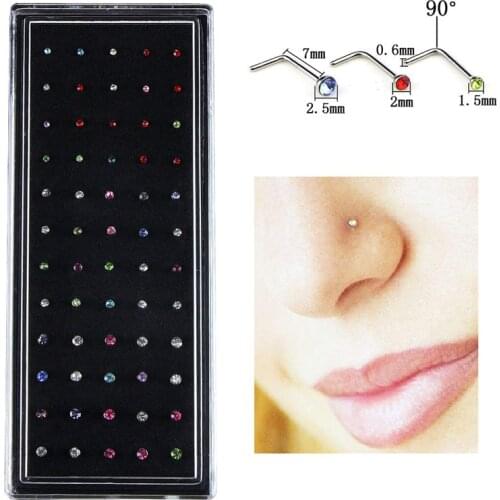 60 Pieces/set L Sheap Stainless Steel Crystal Nose Ring Set Women Girl Surgical Steel Nose Piercing Nose Stud Lot Body Jewelry