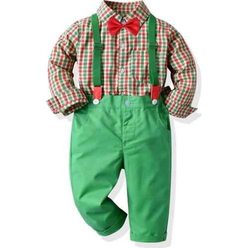 2 Pieces Kids Suit Set, Plaid Turn-Down Collar Long Sleeve Shirt and Solid Color Suspender Trousers for Boys Outfits