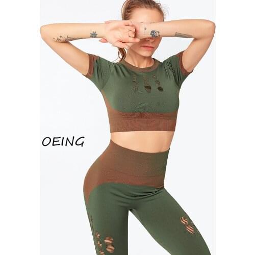 2 Piece Set Women Short Sleeve Patchwork Workout Clothes High Waist Yoga Leggings Hollowout