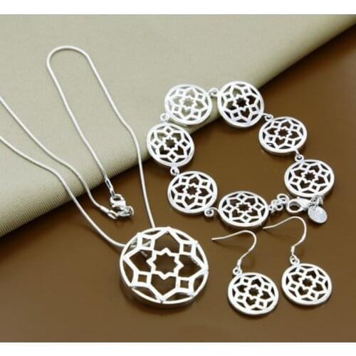 Jewelry Set 925 Sterling Silver Fashion Simple Round Flower Necklace Bracelet Earrings Sets Christmas Gift