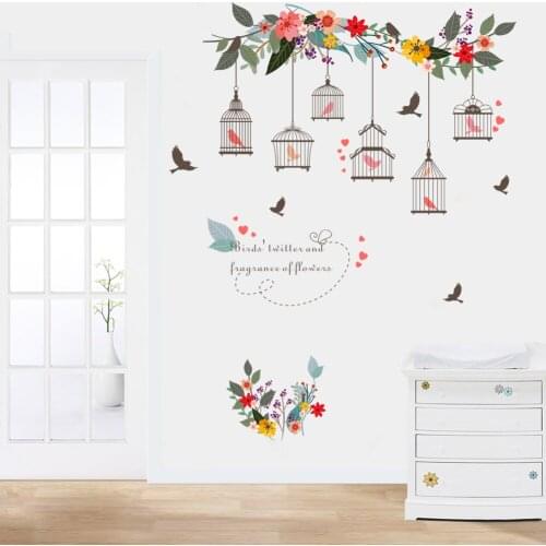 Colorful Flower Birds Birdcage Wall Stickers Decals Wall Art For Home Living Room Bedroom TV Background Garden Window Decor