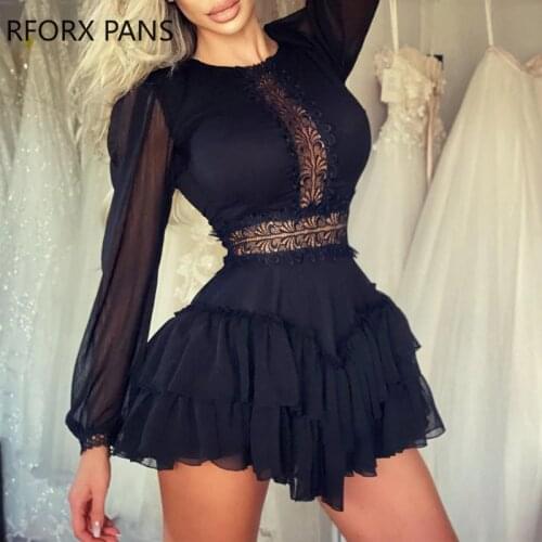 Women Long Sleeve Solid Stitching Lace Solid Color Long Sleeve Mini Dress Casual Dress Elegant Dress