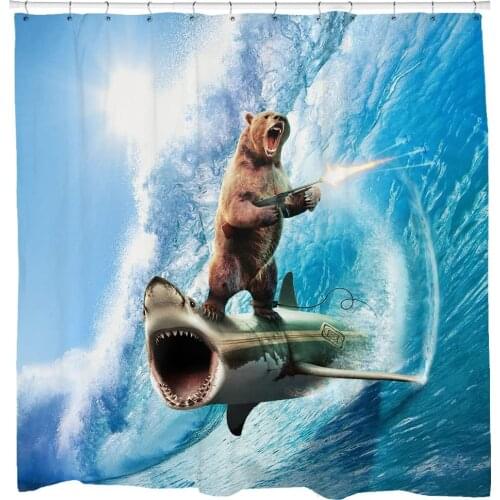 Bear Funny Shark Bathroom Decor Surfing Machine Gun Beach Theme Blue Waves Ocean Art