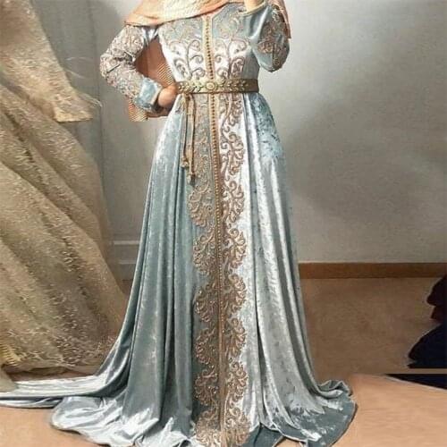 Sky Blue Velour Moroccan Kaftan Prom Dresses Elegant Long Sleeve Muslim Dubai Evening Gowns Appliques Dubai Women Party Dress
