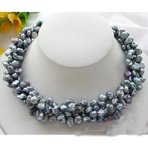 Handmade Real Pearl Jewellery,3Row 5-7mm Black Keshi Baroque Freshwater Pearl Necklace,Perfect Women Birthday Gift,Free Shipping