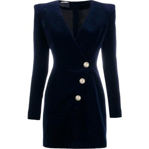 Spring Autumn Luxury High Quality Fabric Velvet Blue V-neck Slim Straight Fashion Mini Dress High Street Goddess Fan Retro Tide