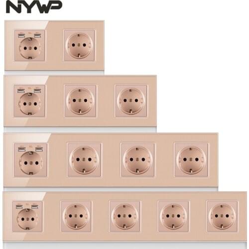 NYWP EU 3 frame power plug, 16a grounded power socket, with USB output, 258mm*86mm tempered crystal glass panel gold