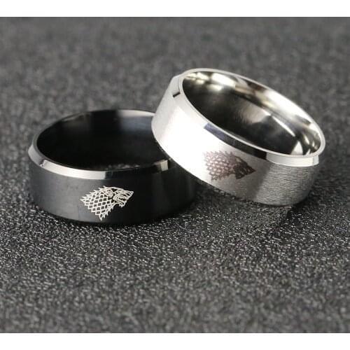 Dire Wolf Ring Song Of Ice And Fire Stark Jon Daenerys Logo Black Silver Color Hot Fashion Stainless Steel Jewelry Men Wholesale