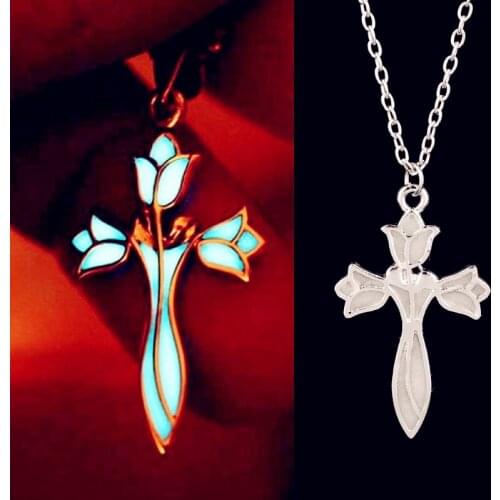 Glowing Cross Lotus Flower Luminous Elves Princess Aragorn Arwen Evenstar Pendant Necklace Jewelry Glow in the Dark