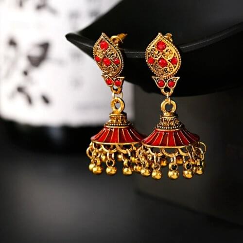 Vintage Gold Alloy Red Color Beads Tassel Ladies Earrings Oorbellen 2020 Handmade Ethnic Carved Dangle Earrings