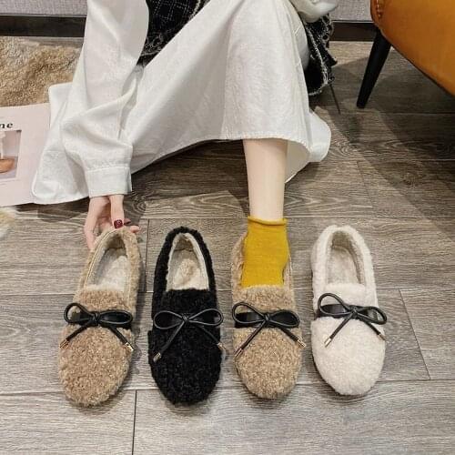 2020 New Fashion Women Furry Shoes Winter Flats Cotton Shoes Ladies Soft Comfortable Slip on Loafers Plush Warm zapatos de mujer