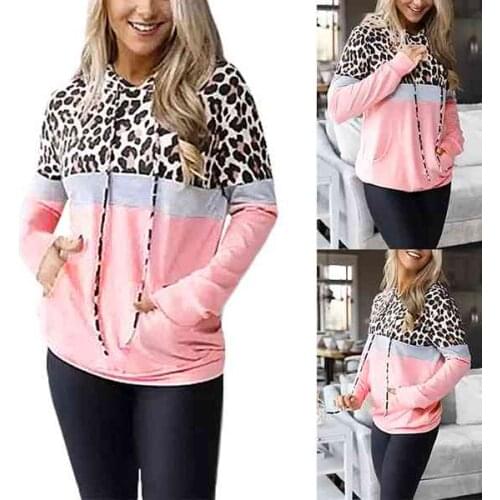 Womens Fashion Casual Leopard Print Long-Sleeve Hooded Stitching Thick Sweater Pink