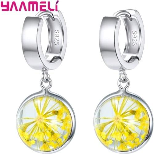 New Fashion Woman Earrings Solid 925 Sterling Silver Flowers in Glass Charms Eardrop Dangler Jewelry 8 Color Options