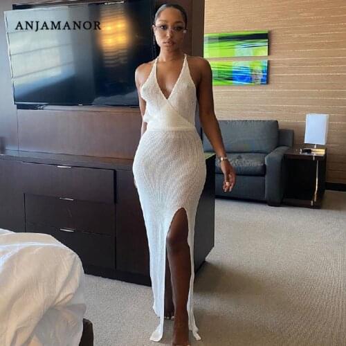 ANJAMANOR Knit Crochet Beach Split Maxi Dresses for Women 2021 Summer Sundresses Elegant Vacation Long Fitted Dress D48-CI28