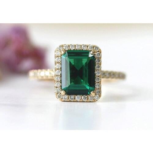 14k Yellow Gold 2.7ct Carat Emerald Cut Engagement Wedding Ring for Women Green Moissanite Diamond Ring Set Test Positive
