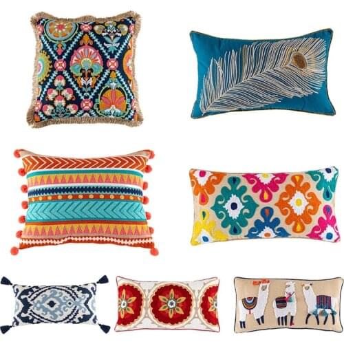 50LB Vintage Bohemian Style Tufted Lumbar Pillow Case Embroidered Alpaca Geometric Floral Pompom Tassels Throw Cushion Cover