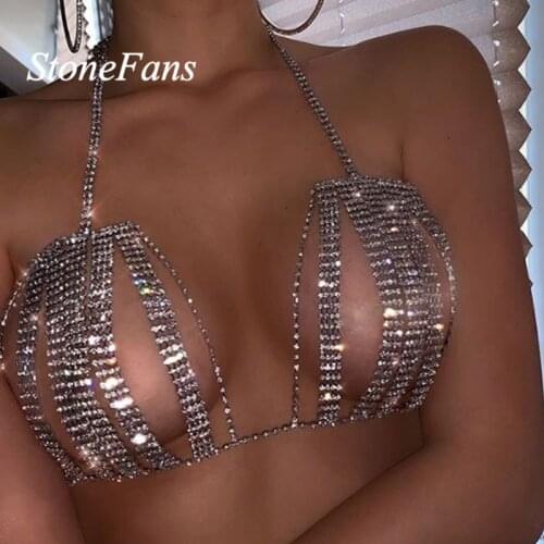 StoneFans New Crystal Bra Chain Jewelry Body Jewelry Women Top Charming Rhinestone Party Wear Body Chain Harness Sexy Breast
