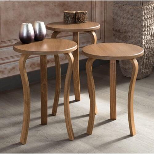 Walnut Color Wood Pedestal 3'lü Zigon Coffee Table