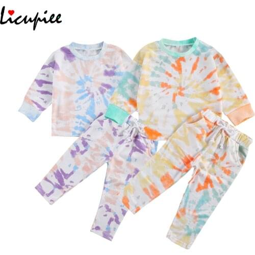 Kids Boy and Girl Tie-dyed Clothes Set Autumn Spring 2-piece Children Warm Clothing Long Sleeve Crew Neck Top Long Pants Suits