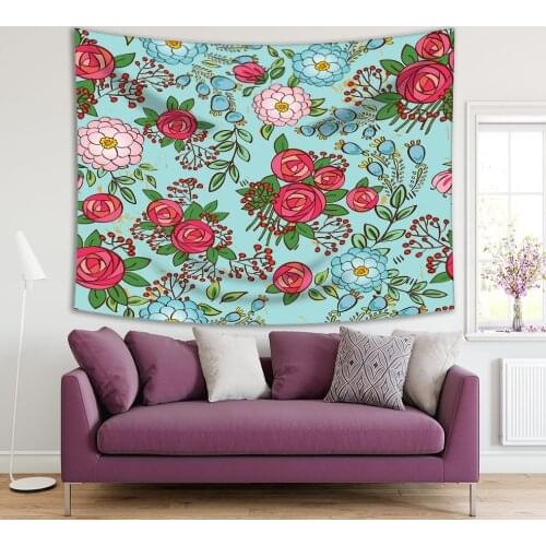 Tapestry Vintage Floral Pattern Flowers Roses Peonies Berries Bouquets Red Green Blue Pink Artwork Print