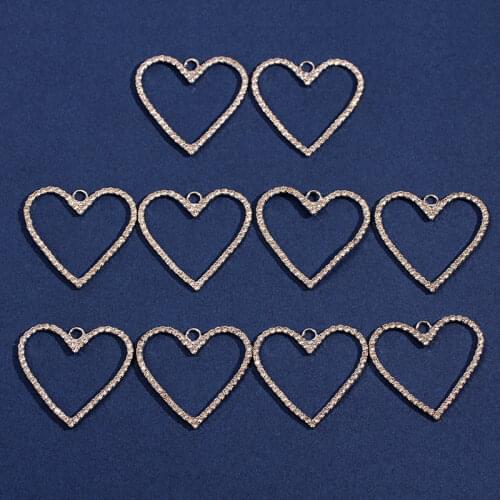 Hot Sell 10Pcs Pave Shining Rhinestone Hollow Heart Shape Charm Gold Silver Color Alloy Accessories For Jewelry Making Supplies