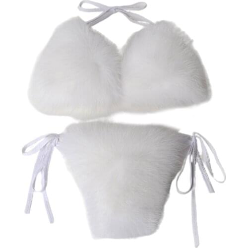 40GC Women Sexy 2pcs Faux Fur Bikini Set Halter Swimsuit Solid Color Plush Clubwear