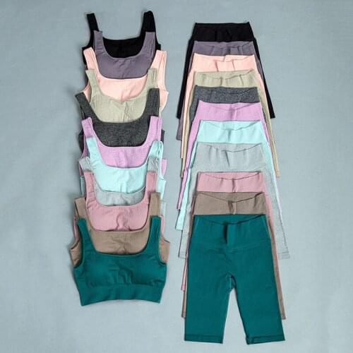 2Pcs Women Seamless Yoga Suit Gym Fitness Tracksuit Sport Bras Crop Top High Waist Shorts Running Shorts Workout Sportswear Suit