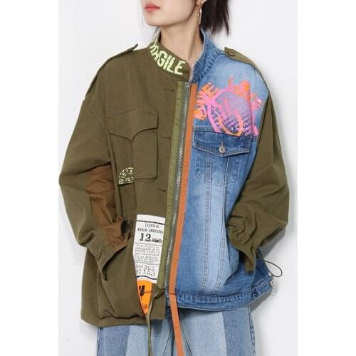 Free Shipping European Fashion High Street Denim Jackets Women Spring Autumn Olive Patchwork Loose Jacket For Girls Woman
