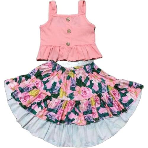 Summer Baby Girls Solid Pink Top with Floral Skirt Kids Boutique Clothes