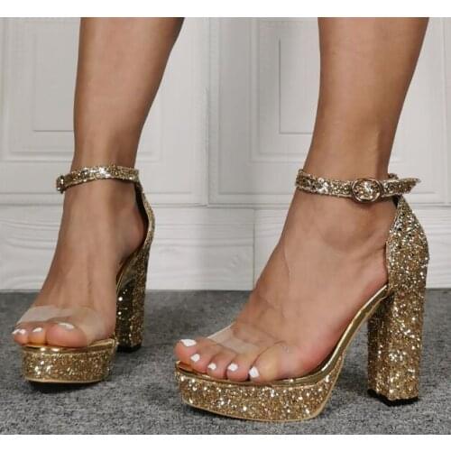 Linamong Sexy Women Sandal Bling Gold Sequined Platform Chunky Heel Sandals Fashion Shinning Thick Heels Dress Shoes Sandals