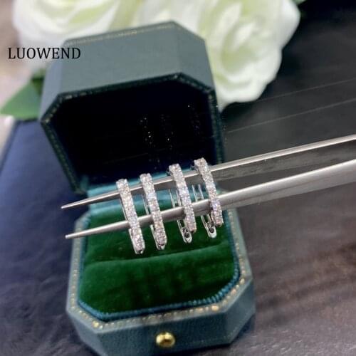 LUOWEND 100% 18K Solid White Gold (AU750) Hoop Earrings 0.30 CT Real Natural Diamond Earring Fashion Round Design for Women