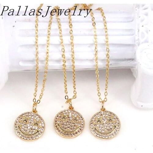 10Pcs Trendy Cute Smiley Gold Plated With Zircon Smaller Pendant Charm Necklace For Girls