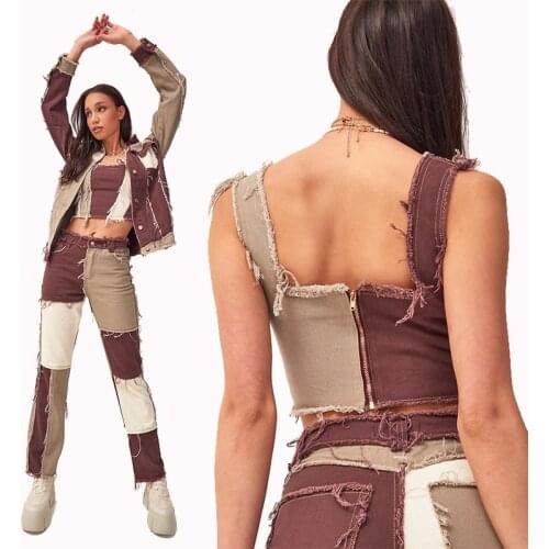 New Fashion Women Denim Set Spliced Denim Jackets-Jeans Denim Skirt Vest Suits Patchwork Jeans Pantalones Vaqueros Mujer