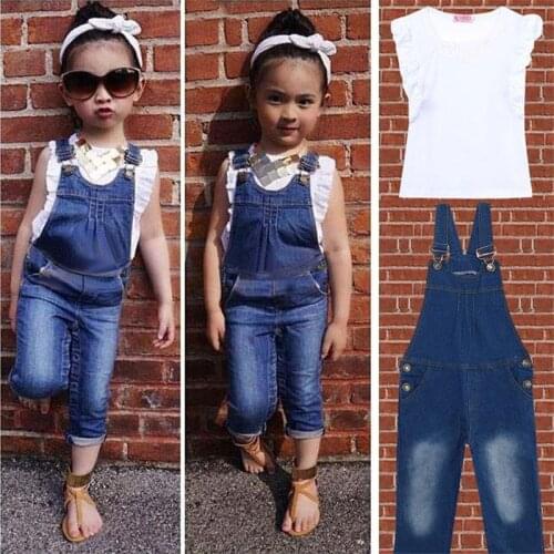 2-7 Yeas Toddler Girls Cloths Outfits Spring Autumn Kids Girls Clothes Set White T-Shirt Tops Denim Overalls Jeans Girls Outfits