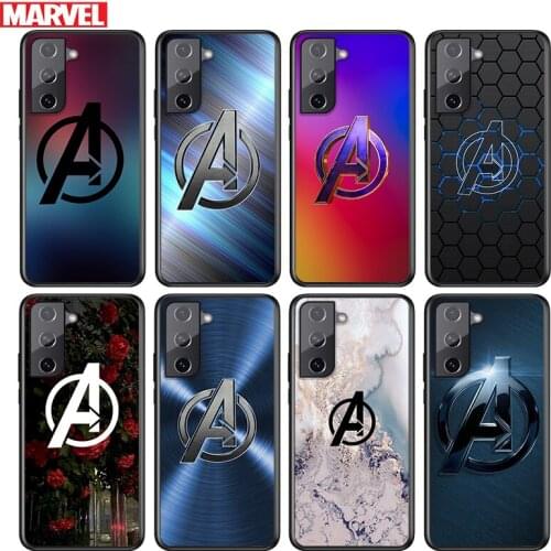Marvel Avengers Logo Marble For Samsung Galaxy S21 S20 FE S10e S10 S9 S8 S7 S6 Ultra Plus Lite 5G Edge Black Soft Phone Case