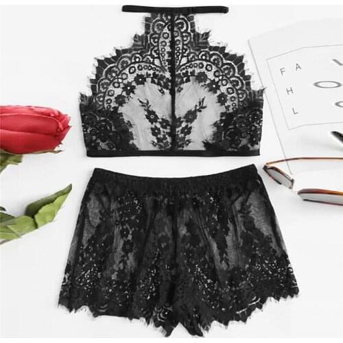 Sexy Plus Size Women Underwear Set Tops + Pants Two Pieces Sling Ladies Lingerie Sleepwear Lace Nightwear Hollow Perspective