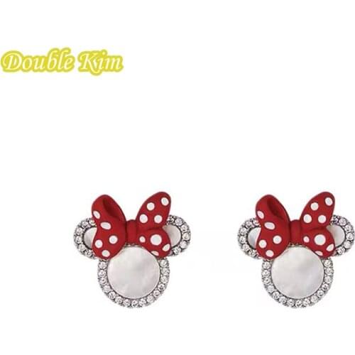 Bow Shell Cartoon Mouse Stud Earrings Alloy Material Lnlaid Zircon Earrings Gold Silver Plated Fashion Trendy Women Jewelry Gif