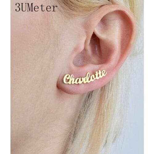 3UMeter Personalized Custom Name Earrings For Women Customize Initial Cursive Nameplate Stud Earring Gift For Best Friend Girls