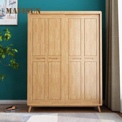 Nordic Minimalist Solid Wood Wardrobe With Sliding Door Household Bedroom Wooden Cabinet For Clothes Modern Bedroom Furniture