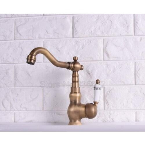 Deck Mounted Kitchen Vessel Sink Sink / Antique Brass Bathroom Basin Mixer Tap Sink Swivel Spout Vanity Faucet Wsh120