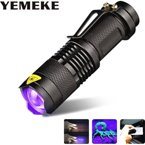 LED UV Flashlight Torch Light Ultra Purple Violet Light Black Light Zoomable Q5 UV Flashlight 14500 Battery For hunting Camping