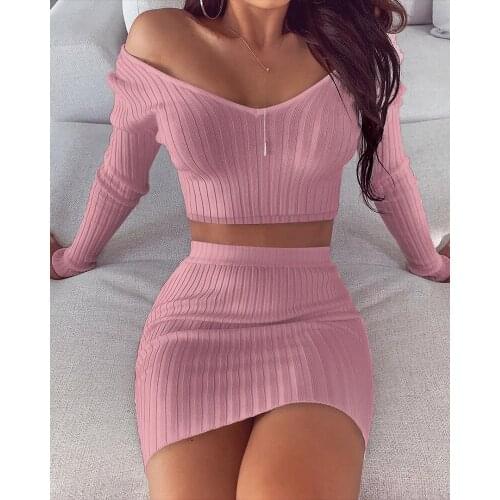 Echoine Ribbed Long Sleeve V-neck Crop Top Mini Skirt Two Piece Set Club Party Outfits