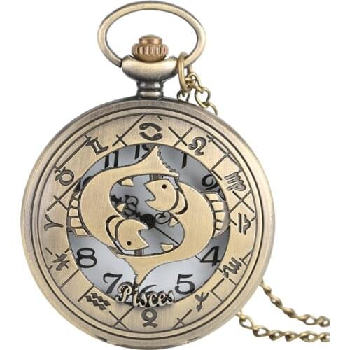 Vintage Twelve Constellations Pocket Watch Women/ Men Pendant Necklace Pisces Bronze Chain Quartz Watches Children Fish Gift