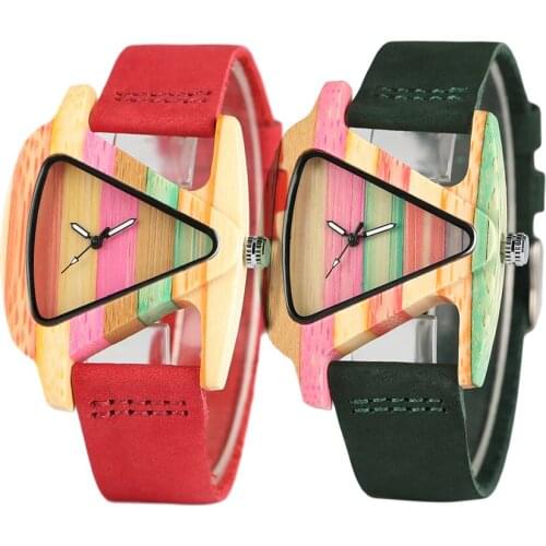 Women Watches Triangle Hollow Wood Watch Creative Colorful Stripe Bamboo Clock Womens Hour Fashion Lady 2020 Leather Wristwatch