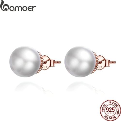 BAMOER HOT SALE 925 Sterling Silver White Pearl Stud Earrings for Women Ear Pin 925 Anti Allergic Female Jewelry SCE609