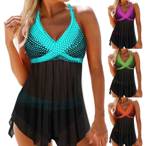 2021 Women Two-piece Swimming Clothes Set V-neck Sleeveless Variegated Color Tops and Panties Lake Blue/ Green/ Orange/ Purple