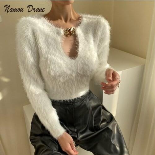 Namou Drane 2021 Autumn and Winter Two-wear Neckline Hollow Mink Fur Jacket Short Section Slimming Knitted Sweater Women