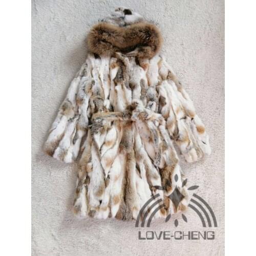 New genuine natural real rabbit fur coat with big raccoon fur hood women long fashion jacket ladies outwear with fur belt