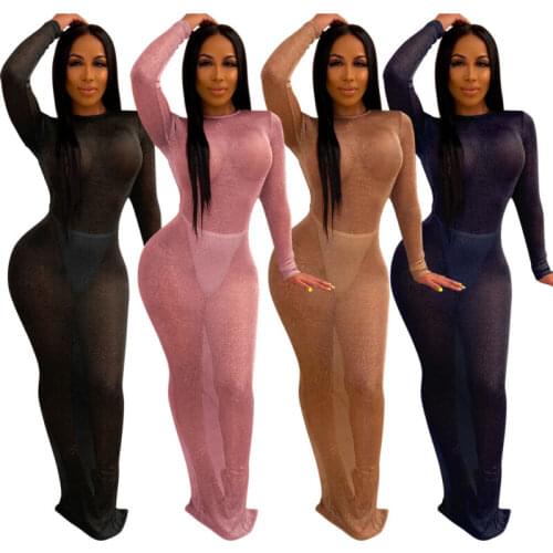 Women Long Sleeve Long Dress Sexy Backless Mesh See Through Maxi Dress Slim Bodycon Clubwear Party Evening Summer 2019 New
